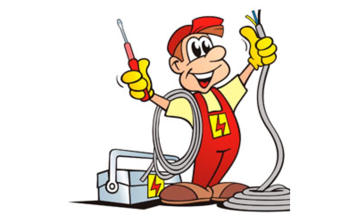 Cartoon electrician in red overalls and cap holding cable and screwdriver beside a toolbox with a lightning-bolt badge.
