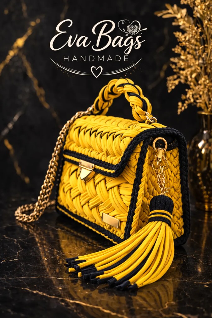 Eva Bags handmade crochet bag in yellow and black with gold hardware on a dark marble surface.