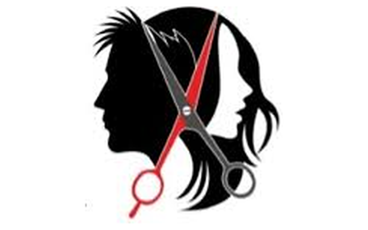 Hair salon logo: silhouettes of a man and woman in profile with hairdressing scissors between them.